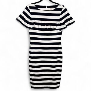Eliza J Striped Ruffle Sleeve Sheath Dress Womens Size 8 Navy Blue and White